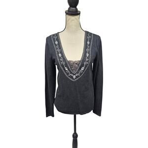 Boston Proper Cashmere Silk Blend Beaded Sweater Pullover Size M Lace Insert Y2K